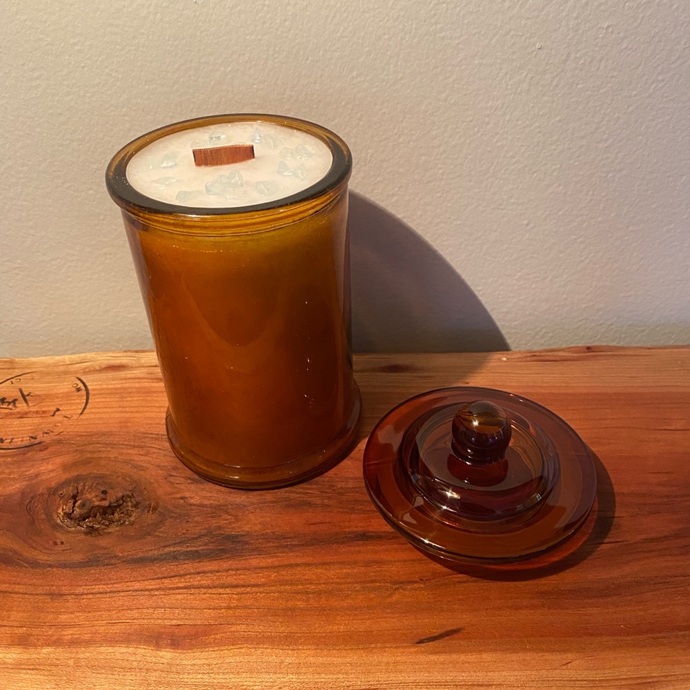 Handmade Brown Glass Jar Wooden Wick Candle with Lid and Aquamarine Crystals